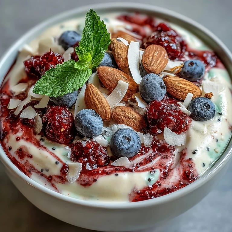 Vibrant Berry Greek Yogurt Smoothie Bowl topped with crunchy chia seeds, coconut flakes, and sliced almonds for a nourishing breakfast.