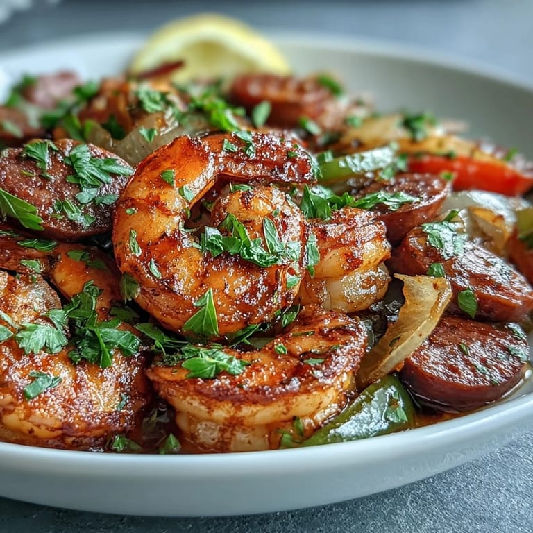Close-up of keto Cajun shrimp and sausage skillet served with lemon wedges for a zesty finish.