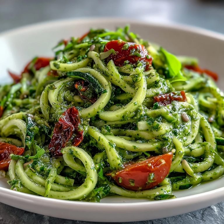 A close-up of spiralized zucchini tossed in creamy pumpkin seed pesto, garnished with fresh basil for an easy, light Italian-inspired meal.