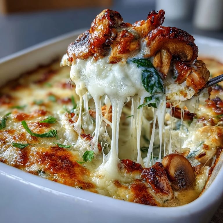 Sliced, cheesy low-carb Chicken Spinach & Mushroom oven dish served hot with a golden crust.