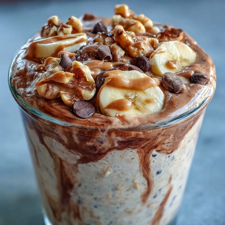 Decadent Chunky Monkey Protein Overnight Oats feature rich chocolate, ripe banana, and peanut butter, finished with mini chocolate chips and toasted walnuts.