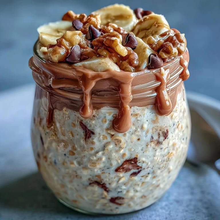 Velvety overnight oats blend cocoa, peanut butter, and banana slices, layered with crunchy walnuts and a drizzle of creamy peanut butter.