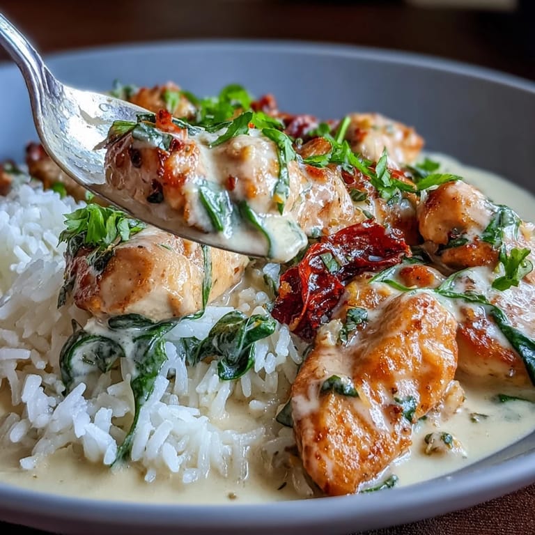 A hearty Creamy Tuscan Chicken Rice Skillet featuring juicy chicken, fluffy rice, and a luscious Parmesan cream sauce with vibrant spinach and tomatoes.  