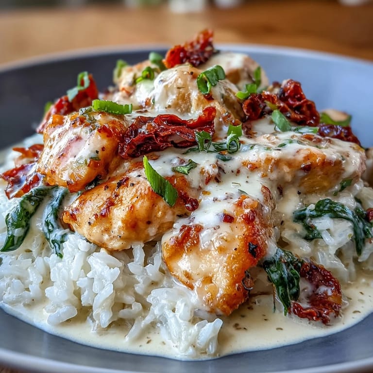 Golden-brown chicken simmered with rice, sun-dried tomatoes, and spinach in a velvety garlic-Parmesan cream sauce for this comforting Creamy Tuscan Chicken Rice Skillet.