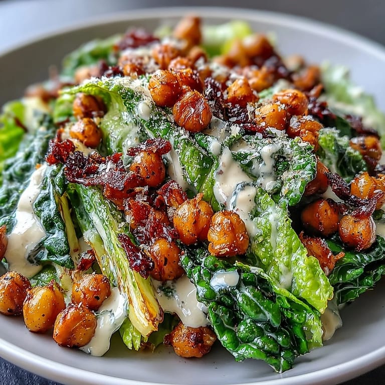 Crunchy roasted chickpea croutons top a bed of fresh romaine lettuce, all tossed in a rich and tangy dairy-free cashew Caesar dressing.  