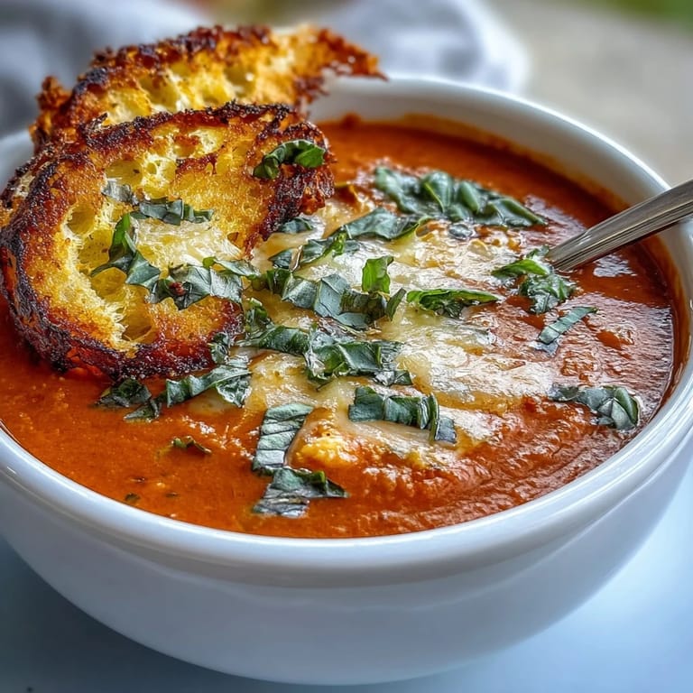 Velvety vegan tomato basil soup infused with fresh herbs and coconut milk, paired with crisp, garlicky sourdough toast strips.