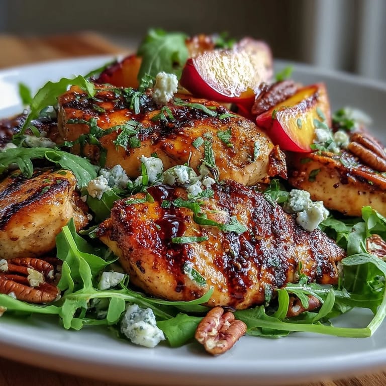 Fresh arugula salad with grilled chicken, ripe peaches, crumbled feta, and toasted pecans, finished with a rich balsamic glaze.