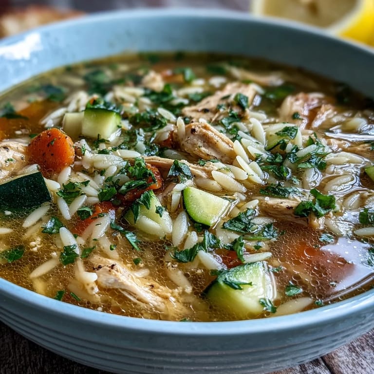 Close-up of One-Pot Lemon Chicken and Zucchini Orzo Soup garnished with parsley and lemon zest, showcasing vibrant colors and textures.  