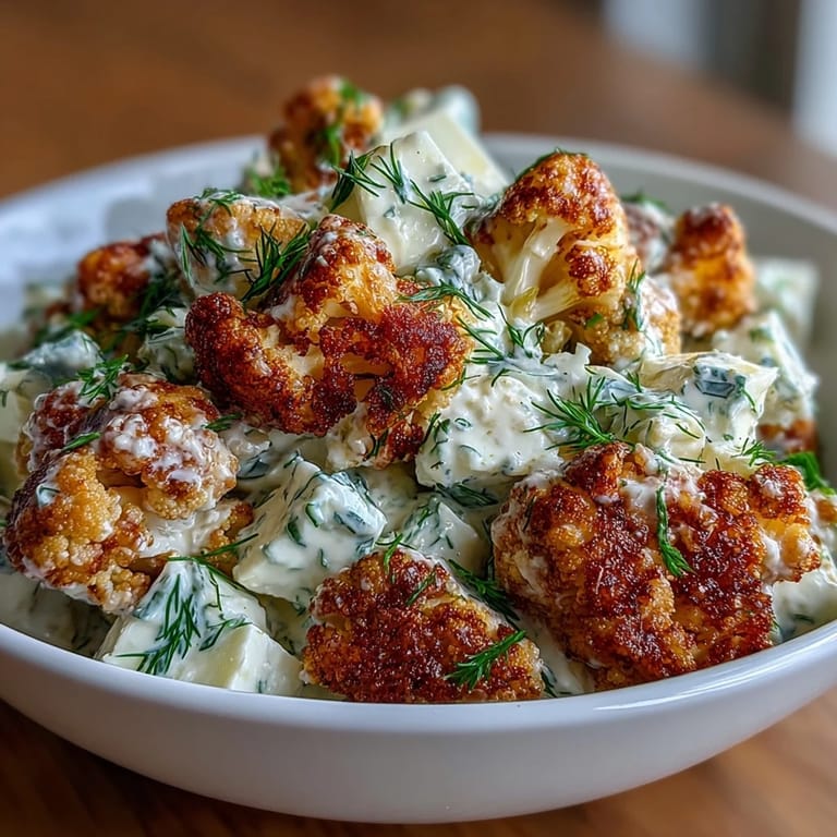 Low-carb cauliflower salad featuring crisp celery, red onion, dill pickles, and hard-boiled eggs tossed in a rich, herby dressing.  