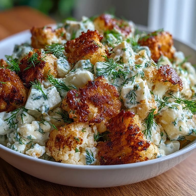 Roasted cauliflower potato salad with creamy mayonnaise dressing, crunchy pickles, and fresh dill, perfect for keto-friendly summer meals.
