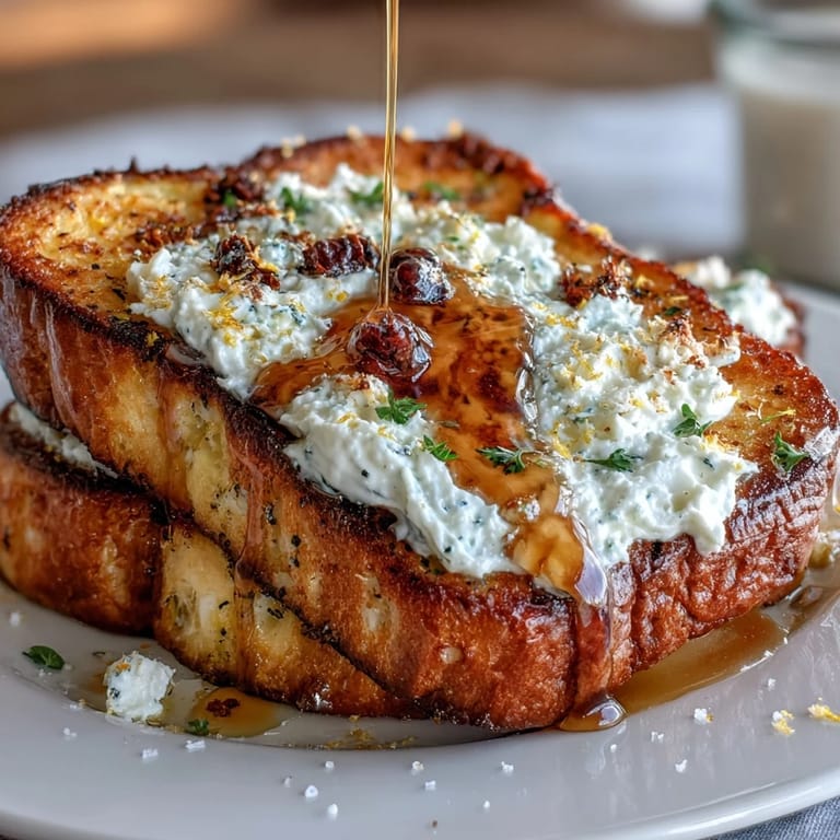Whipped ricotta and salted honey melt into crispy sourdough toast, garnished with vibrant berries and lemon zest for a sweet-salty brunch.