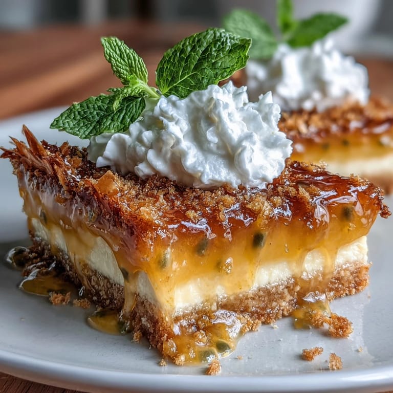 Tangy passionfruit filling in a crisp buttery phyllo shell, crowned with clouds of whipped cream and mint for an elegant dessert.