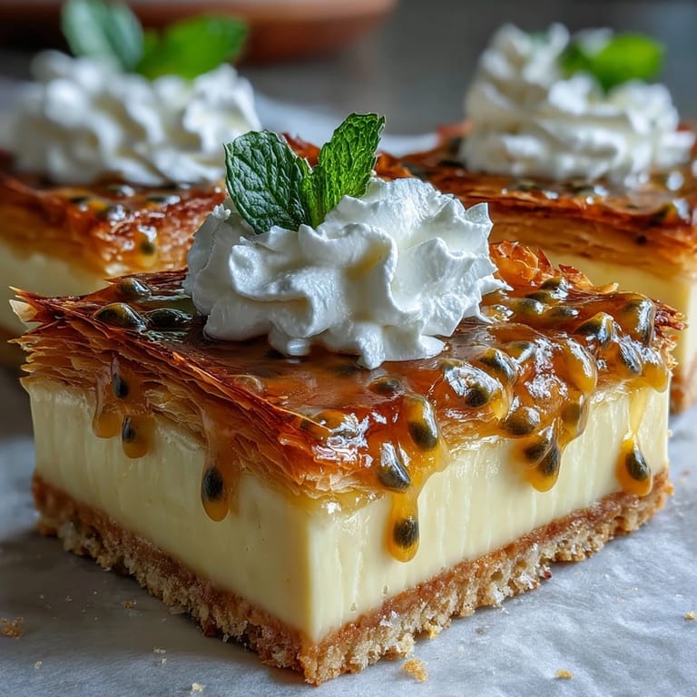 Buttery phyllo crust holding silky passionfruit curd, finished with vanilla whipped cream and mint for a refreshing, tangy treat.
