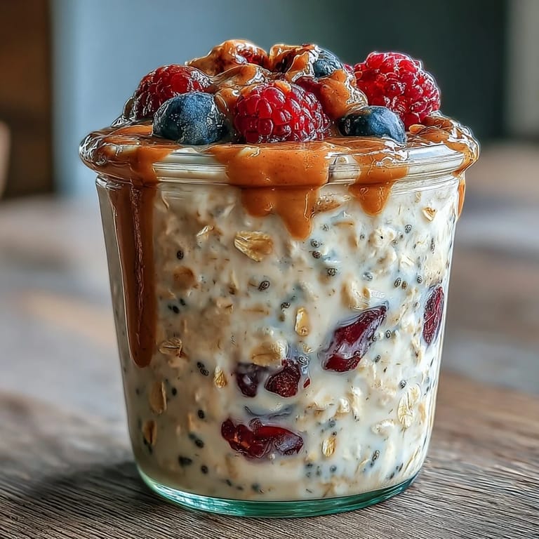 Wholesome oats soaked overnight with almond milk and chia seeds, served with juicy berries and nutty almond butter.  