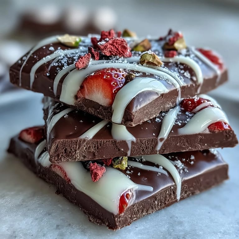 Easy no-bake Valentine Chocolate Strawberry Bark, featuring marbled chocolate, crunchy toppings, and a festive, gift-ready presentation.