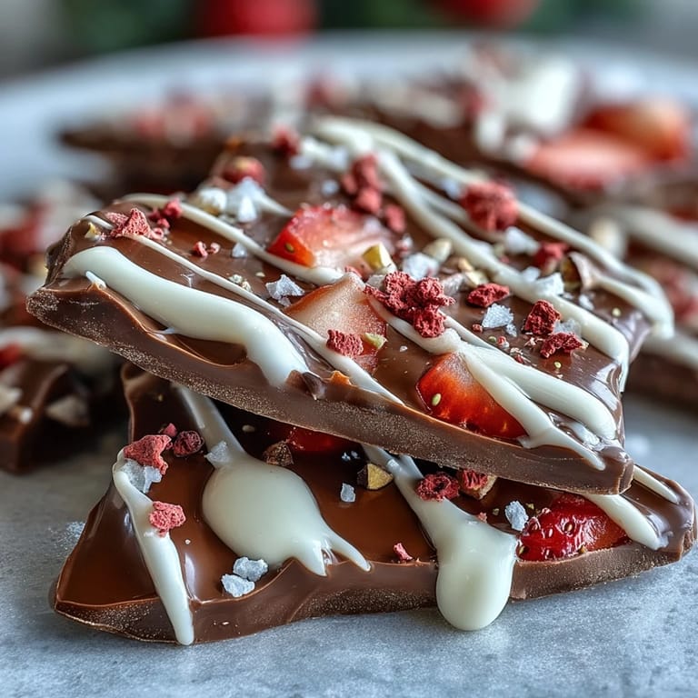 Decadent dark and white chocolate bark swirled with freeze-dried strawberries and Valentine-themed sprinkles for a stunning dessert.