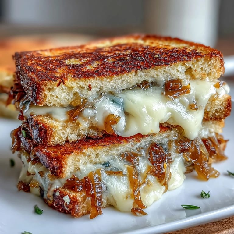 Close-up of a buttery sourdough grilled cheese oozing with Gruyere and golden caramelized onions.