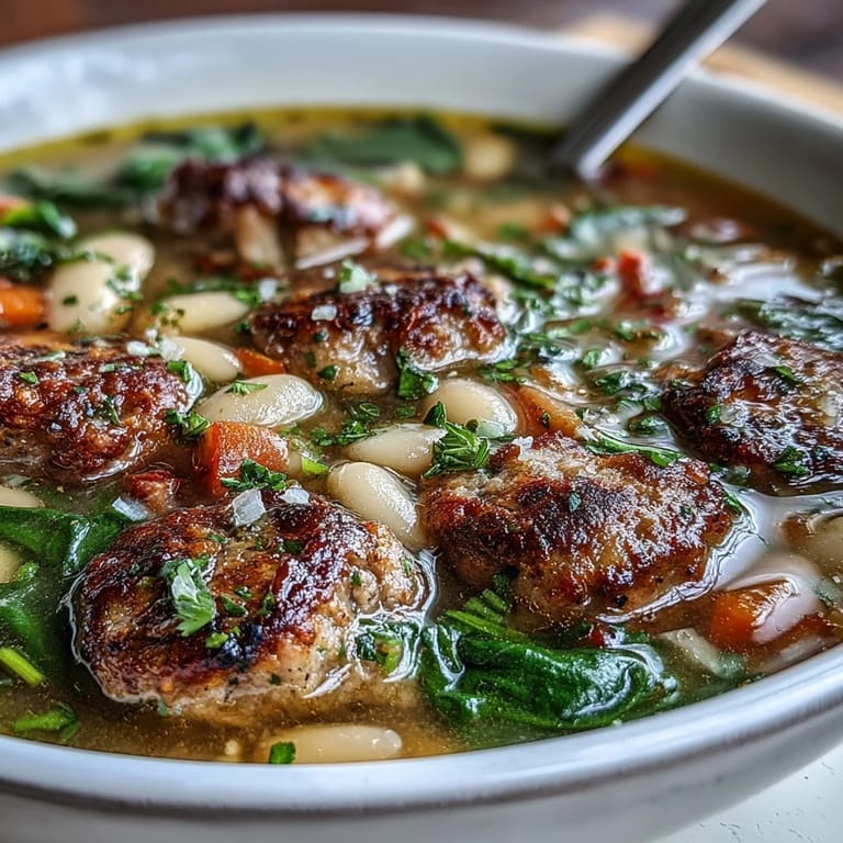 Rustic Tuscan soup with sausage, spinach, and beans, garnished with Parmesan and fresh parsley.