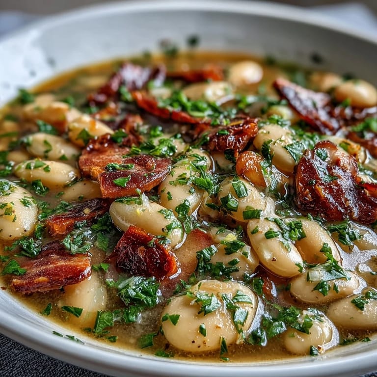 Warm bowl of ham and butter bean soup, featuring soft beans, diced vegetables, and aromatic herbs.