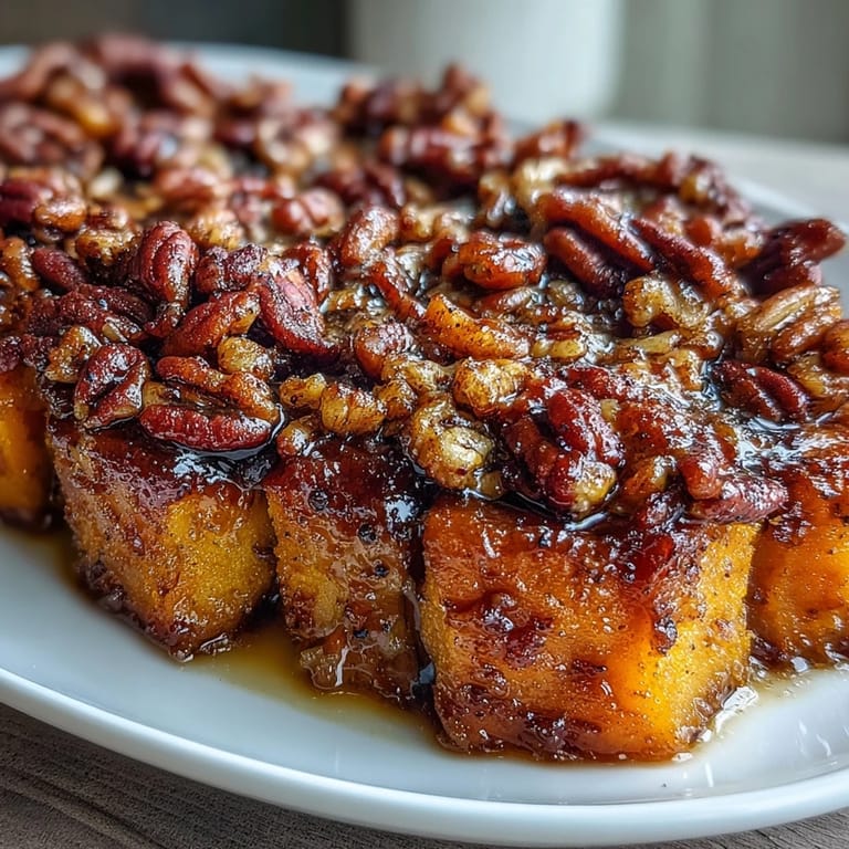 Rich, buttery candied yams baked with cinnamon and maple syrup, finished with a crumbly pecan streusel topping.