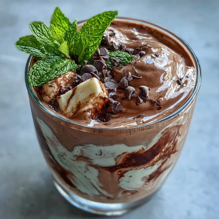 A thick, frosty protein shake featuring chocolate protein powder, frozen banana, and a hint of mint, topped with dark chocolate chips for extra indulgence.