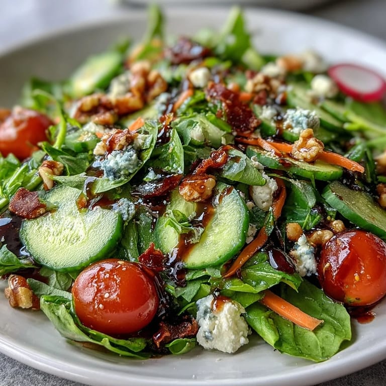 Vibrant spring greens salad featuring juicy cherry tomatoes, crunchy nuts, and creamy feta, all coated in a luscious honey mustard dressing.