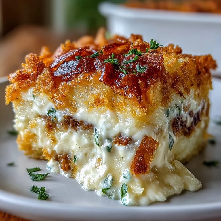 Creamy mashed potato layer over savory ground beef and vegetable filling in comforting casserole.  