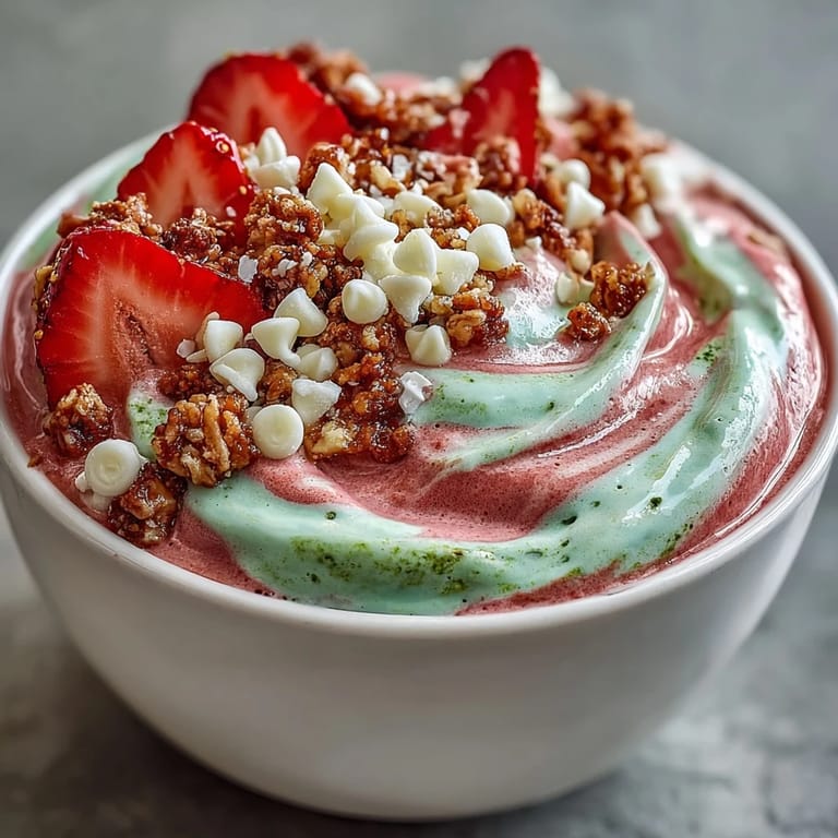 Swirled matcha and strawberry smoothie bowl served with granola, coconut, and chia seeds.  