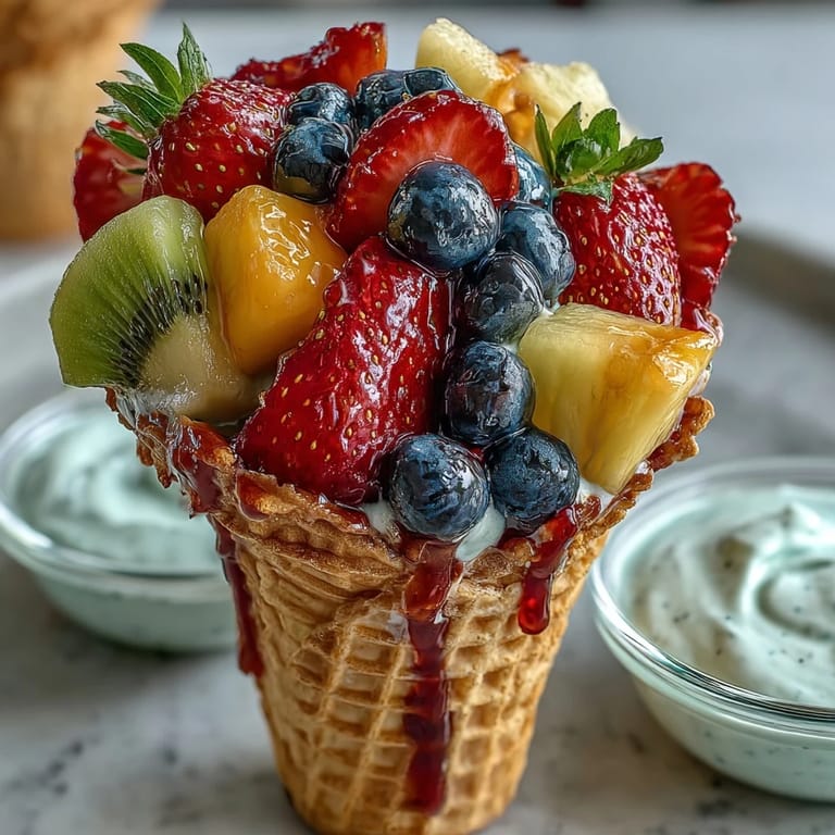 Colorful fruit-filled waffle cones topped with pineapple and mango, paired with tangy vanilla yogurt dip for dipping.  