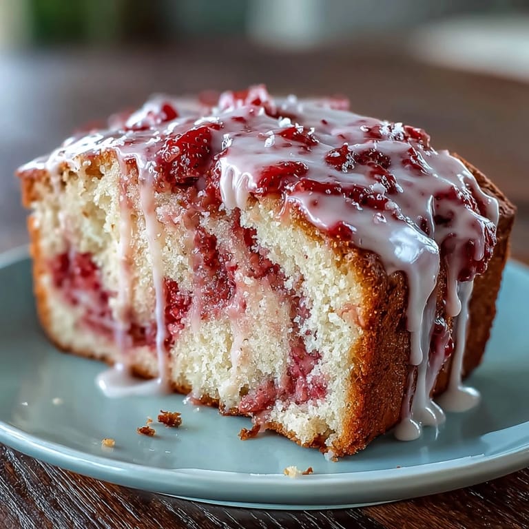 A moist and buttery pound cake loaf swirled with fresh strawberry compote, drizzled with sweet vanilla glaze for an irresistible springtime dessert.