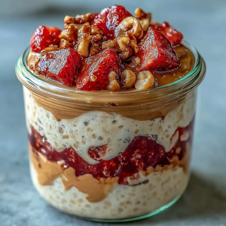 Wholesome overnight oats inspired by PB&J, featuring strawberry jam, creamy peanut butter, and crunchy peanuts in every bite.