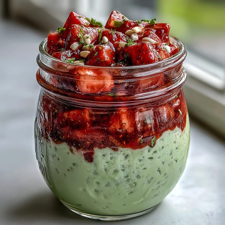 Mason jar breakfast featuring matcha green tea, juicy strawberries, and chia overnight oats for a nourishing start.