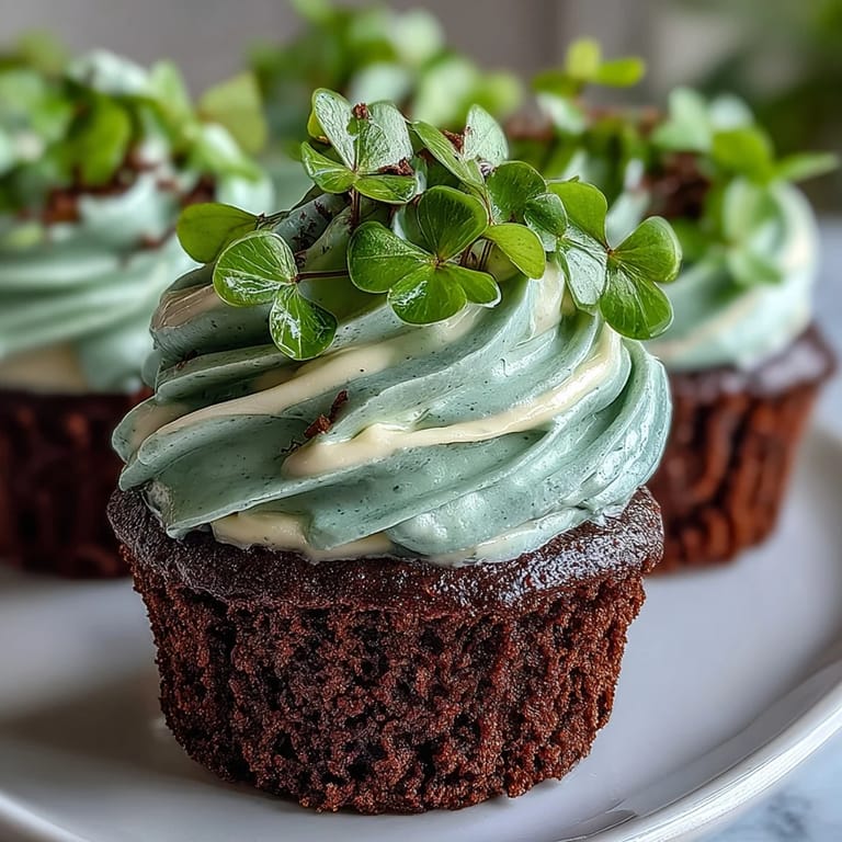 Soft and tender green velvet cupcakes filled with cocoa goodness, elegantly decorated with piped vanilla frosting and shamrock candies.