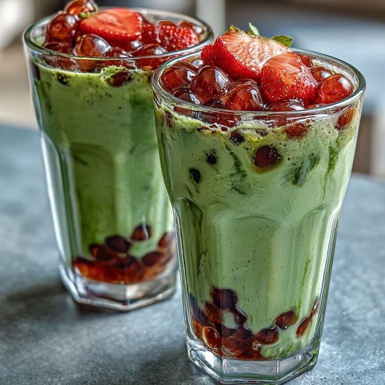 Refreshing homemade strawberry matcha boba featuring sweet berries, smooth milk, and green tea, served over ice with chewy black tapioca pearls.  