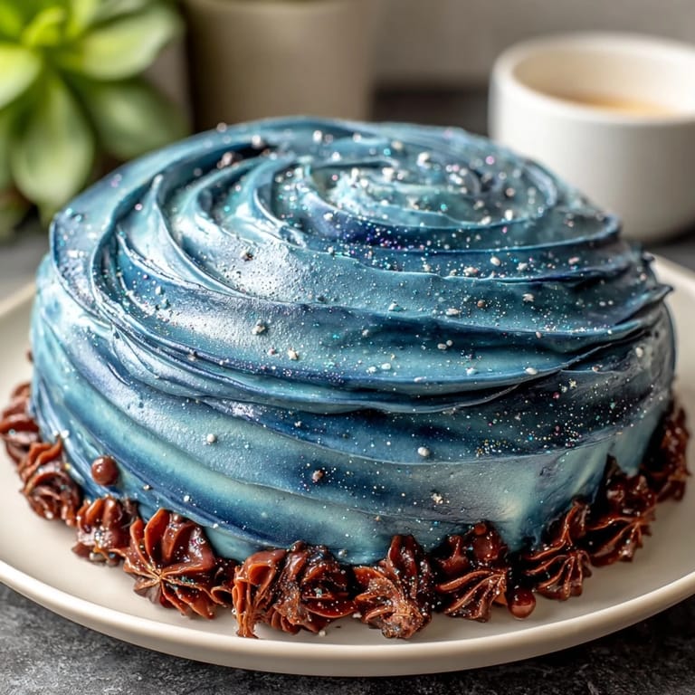 Moist vanilla sponge layers adorned with swirling galaxy buttercream in shades of navy, purple, and teal, dusted with sparkling edible glitter.  