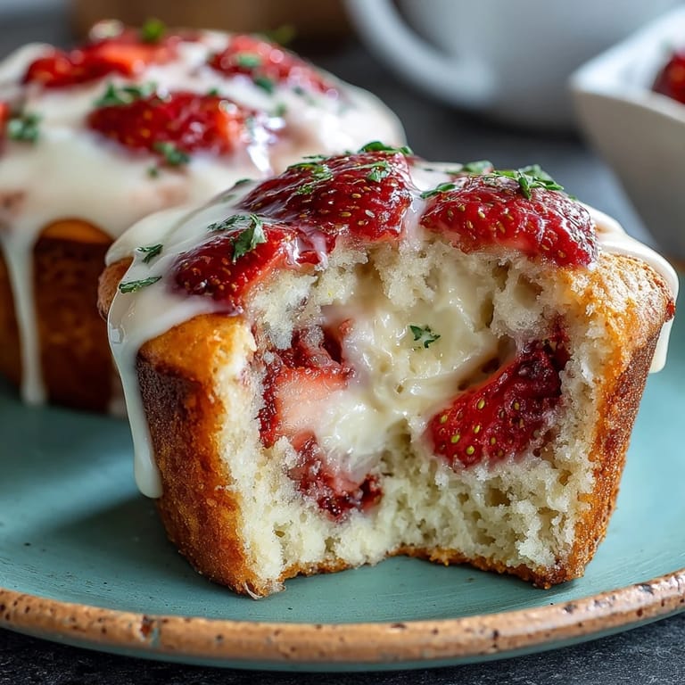 Soft, moist strawberry muffins swirled with tangy yogurt, offering a delightful balance of sweetness and freshness.