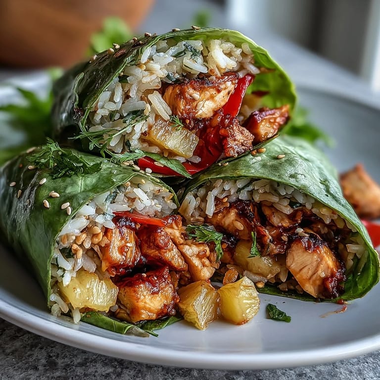 Savory pineapple chicken and rice lettuce wraps filled with tender chicken, juicy pineapple, and fluffy rice in crisp lettuce cups.