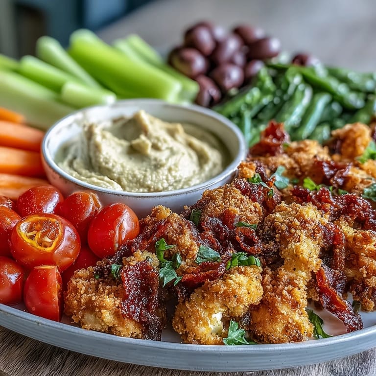 Kid-friendly Chicken Run Veggie Tray features playful veggie shapes and a savory ranch hummus for dipping fun.