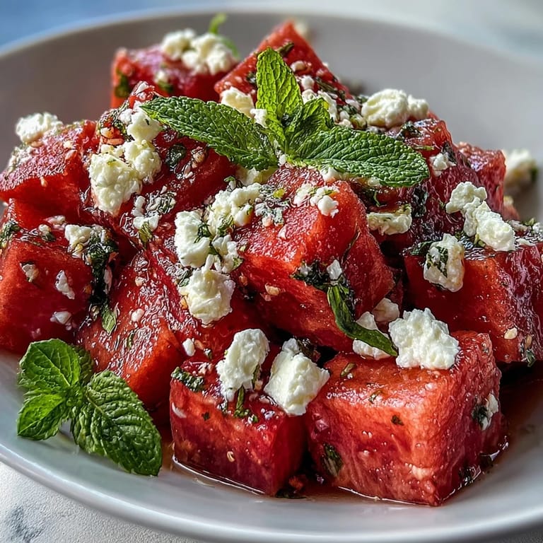 Watermelon Feta Skewers with Mint: colorful summer appetizer with sweet watermelon, tangy feta, and fragrant mint on wooden skewers.