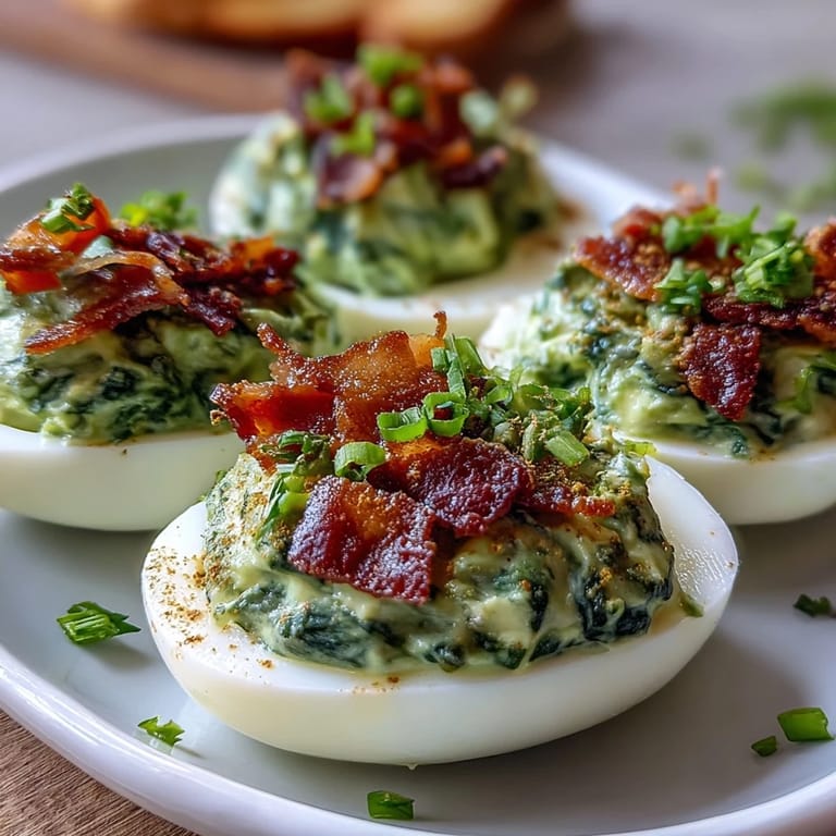 Green Eggs and Ham Deviled Eggs with Spinach Filling: colorful deviled eggs with bright green spinach and chive filling, garnished with savory crisped ham.
