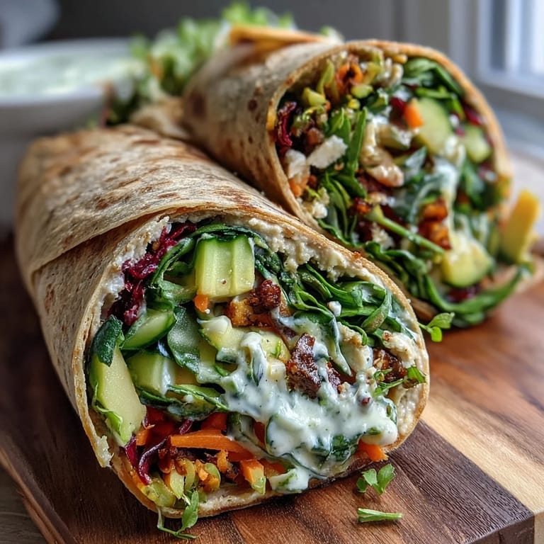Bright and fresh Rainbow Veggie Wraps filled with vibrant layers of hummus, spinach, and shredded vegetables, perfect for a nutritious packed meal.