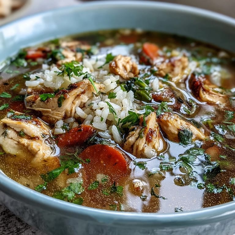 Comforting Easy Chicken Run One-Pot Chicken and Rice Soup, featuring fluffy rice, juicy chicken, and fresh parsley in a warm, nourishing bowl.