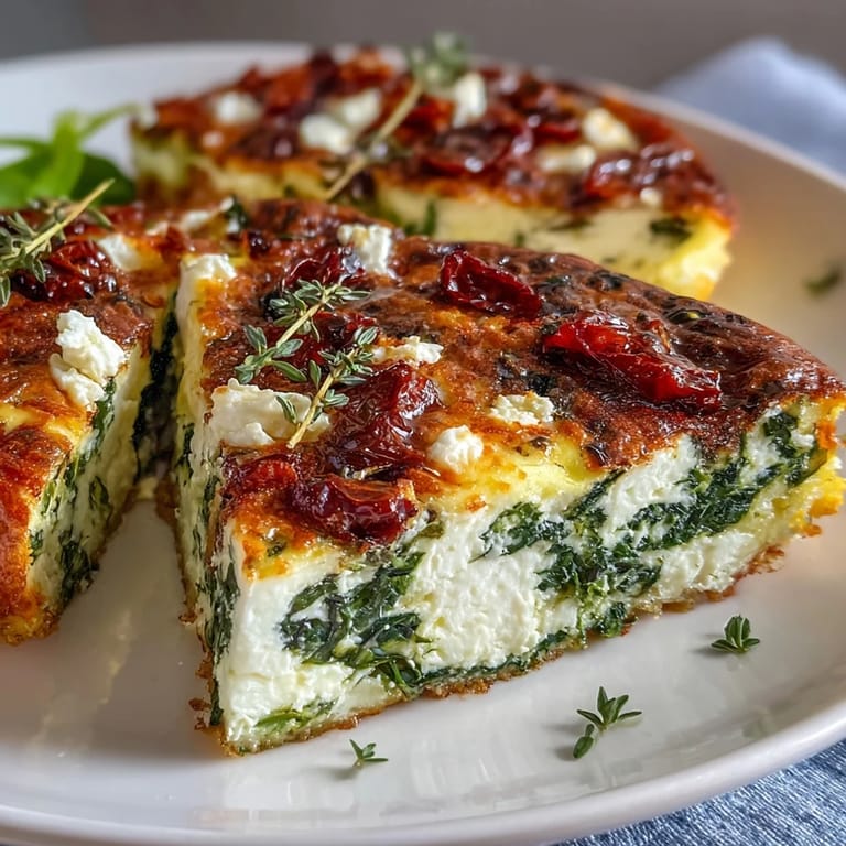 Colorful frittata packed with wilted spinach, tangy feta, and sweet sun-dried tomatoes—perfect for brunch or light dinner.