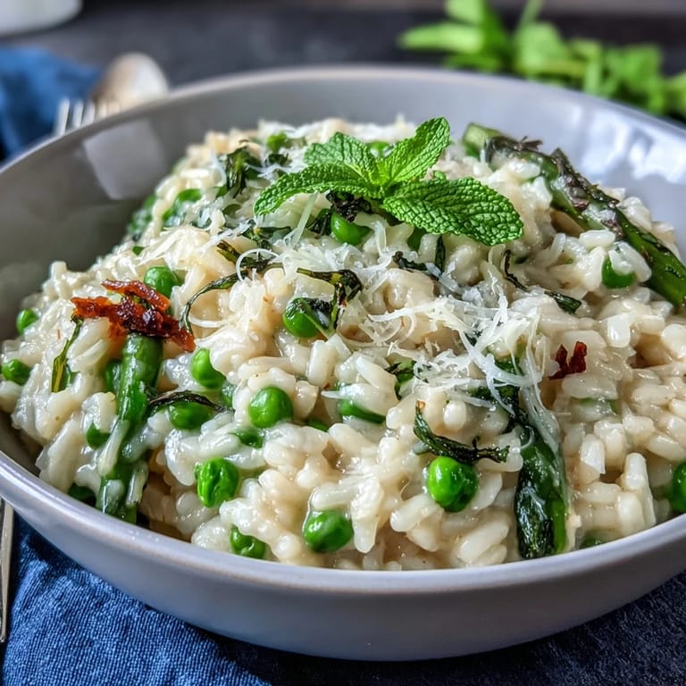Spring-inspired pea and mint risotto with Parmesan, where creamy Arborio rice meets fresh herbs in an elegant dinner party recipe.