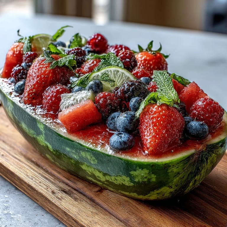 Elegant carved watermelon boat filled with juicy berries and fruit, beautifully arranged for a refreshing and festive appetizer centerpiece.