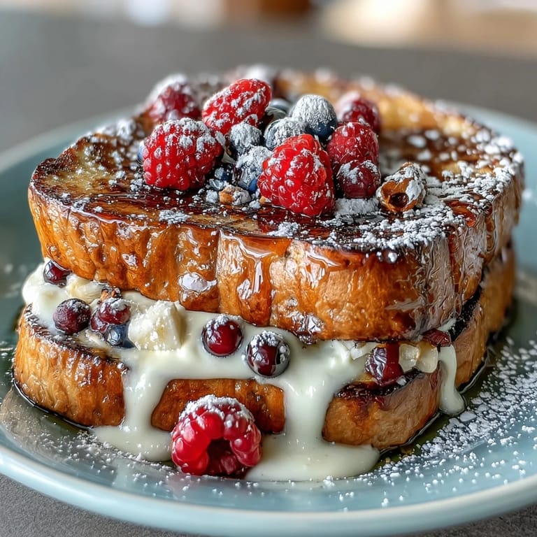 Warm, custard-soaked pancakes with vibrant mixed berries create a comforting, shareable breakfast perfect for celebrating Mother's Day.