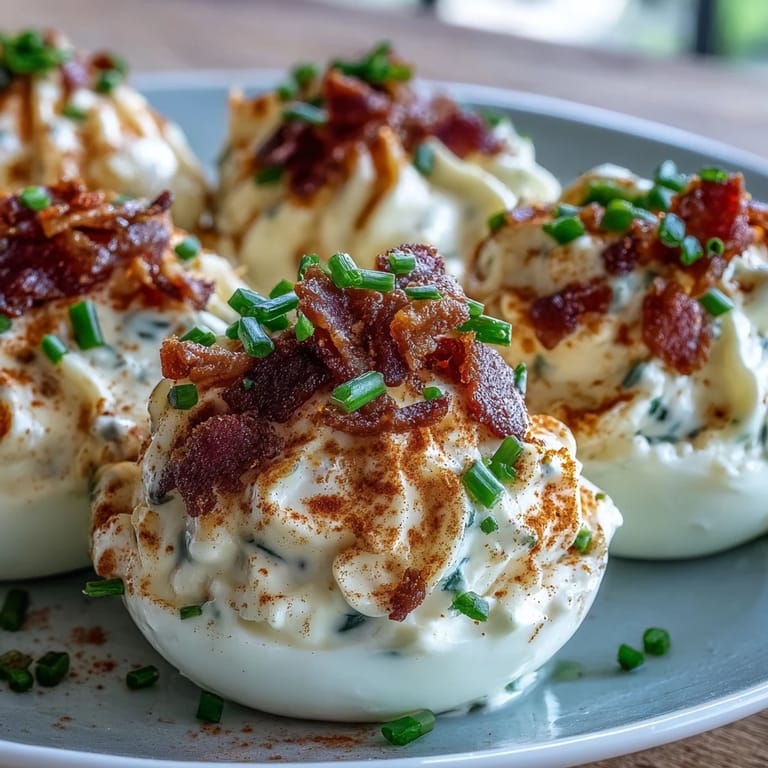 Classic deviled eggs get a savory upgrade with bacon and ranch, garnished with chives and served chilled on a platter.