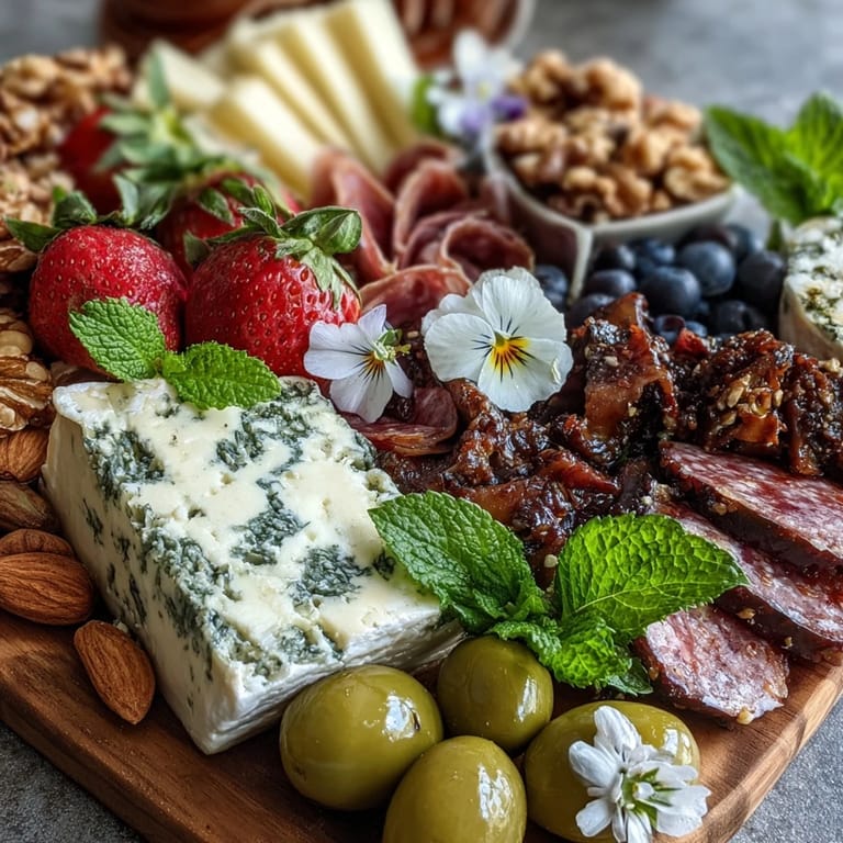 Spring Charcuterie Board with Edible Flowers and Fruits - gluten-free appetizer with salami, goat cheese, apple slices, and pesticide-free edible flowers.