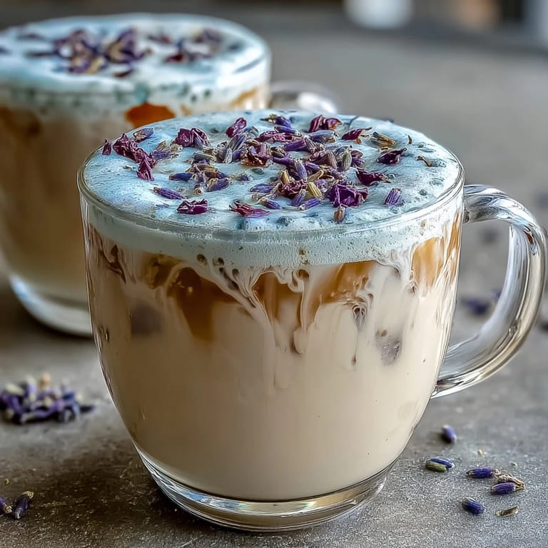 Fragrant lavender latte featuring rich espresso, sweetened lavender syrup, and steamed oat milk in a cozy café-style cup.