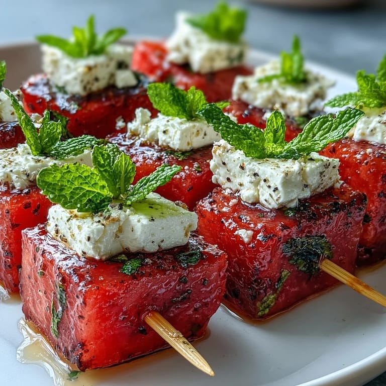 Colorful skewers of sweet watermelon, salty feta, and fragrant mint, ideal for easy Mediterranean-inspired appetizers.